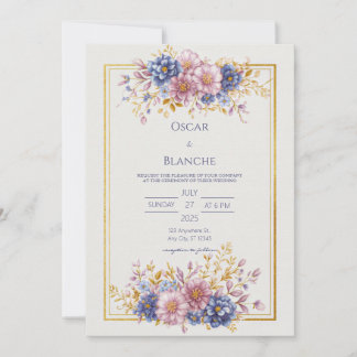 Invitación Mauve Blue Botanical Gold Frame Wedding