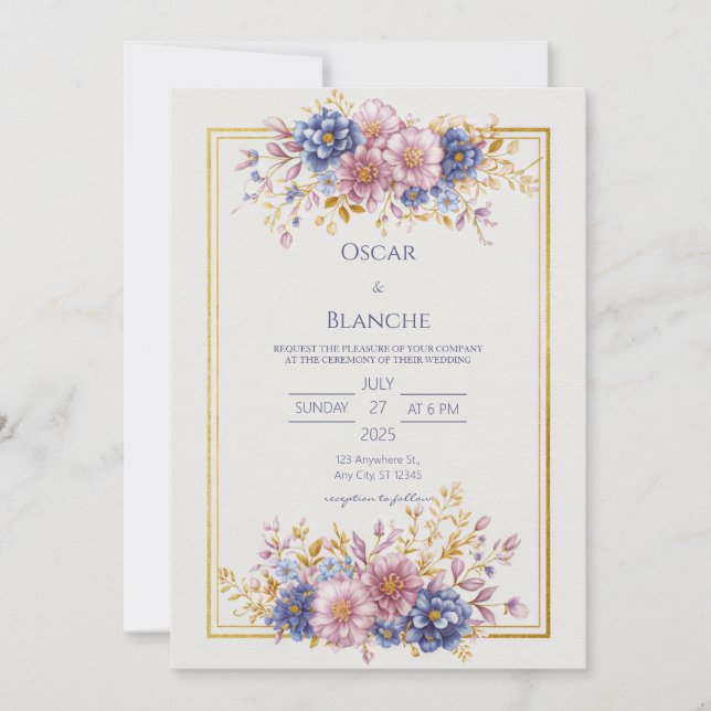 Invitación Mauve Blue Botanical Gold Frame Wedding (Anverso)