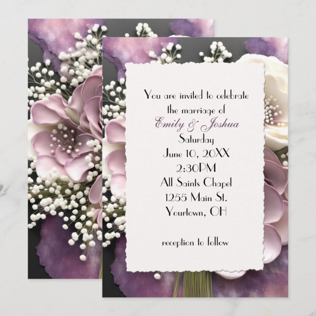 Invitación Mauve Boda Bouquet con el aliento del bebé (Anverso / Reverso)