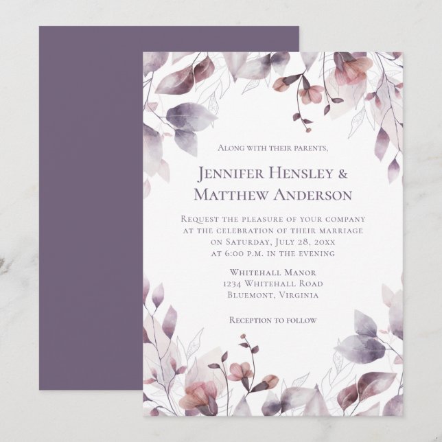 Invitación Mauve Boda morado de flores rosadas y polvorientas (Anverso / Reverso)