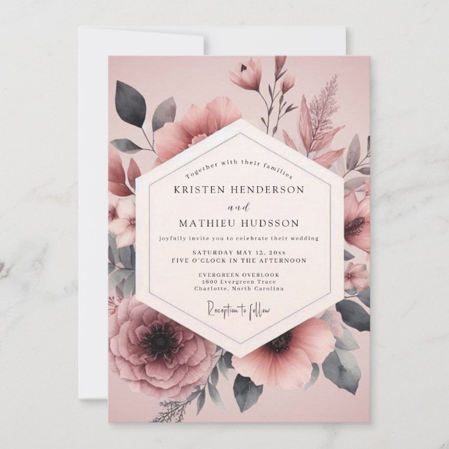Invitación Mauve Charcoal Flora Wedding (Anverso)