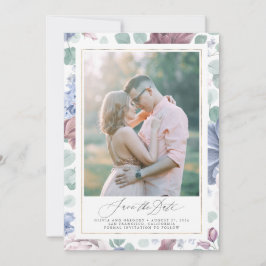 Invitación Mauve Dusty Blue Floral Save The Date Photo Cards