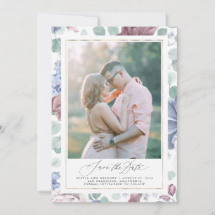 Invitación Mauve Dusty Blue Floral Save The Date Photo Cards