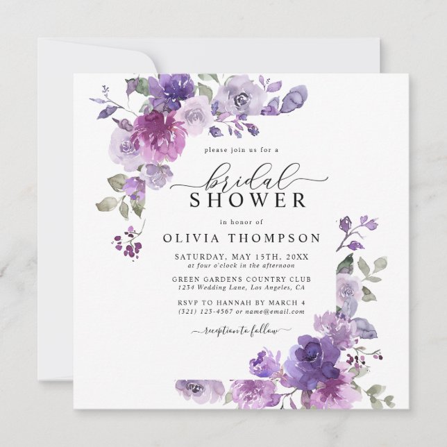 Invitación Mauve Dusty Lilac Morple Floral Brillante Ducha (Anverso)