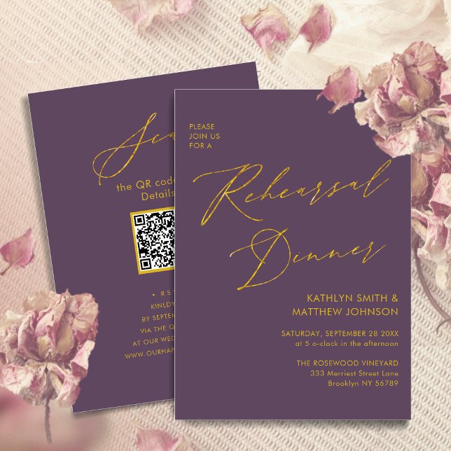 Invitación Mauve Elegant Gold Script ensayo Cena QR código (Subido por el creador)