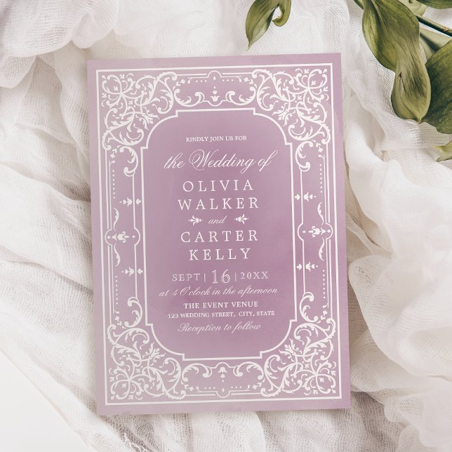 Invitación Mauve elegante ornamental romántico matrimonio vin (Mauve elegant ornate romantic vintage wedding invitation)
