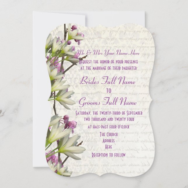 Invitación mauve femenina bonito y boda floral blanca (Anverso)