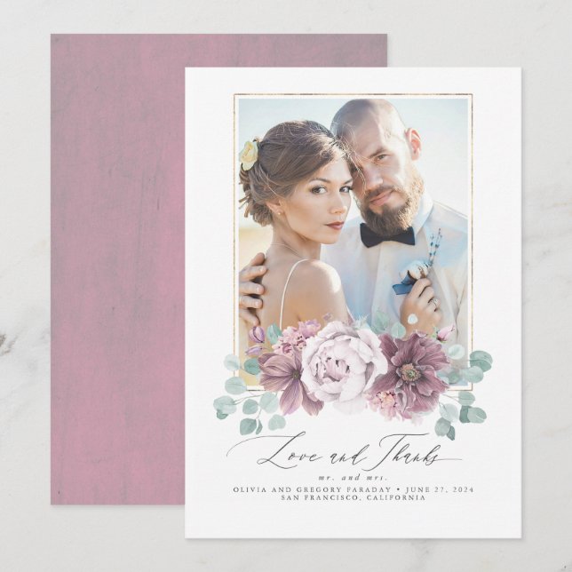 Invitación Mauve Floral Love y Gracias Boda Gracias (Anverso / Reverso)
