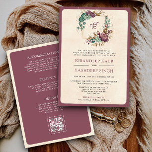 Invitación Mauve Floral QR Code Anand Karaj Sikh Boda