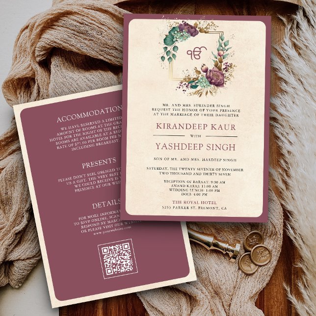 Invitación Mauve Floral QR Code Anand Karaj Sikh Boda (Subido por el creador)