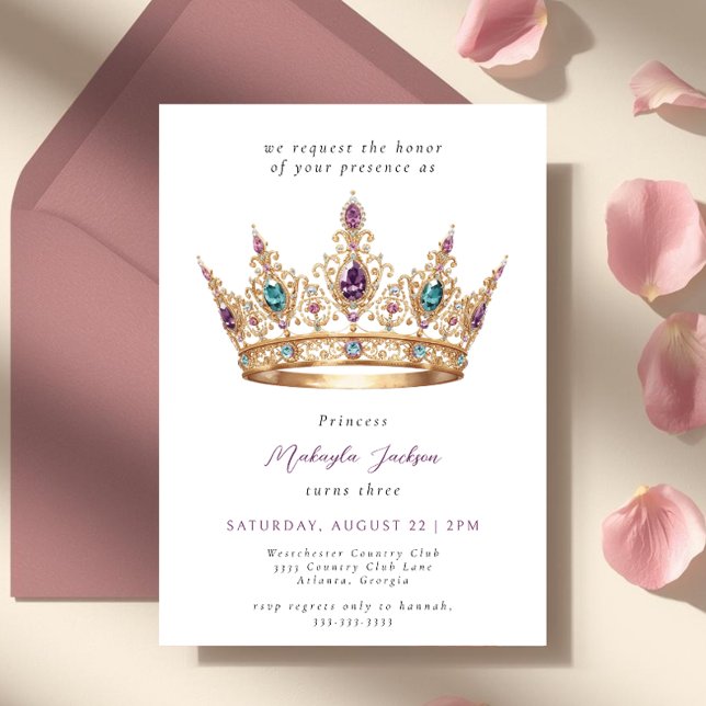 Invitación Mauve Gold Princess Crown Fairytale Birthday Party (Subido por el creador)