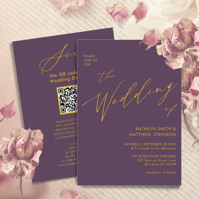 Invitación Mauve Gold QR Code Todo En Una Elegante Boda (Subido por el creador)