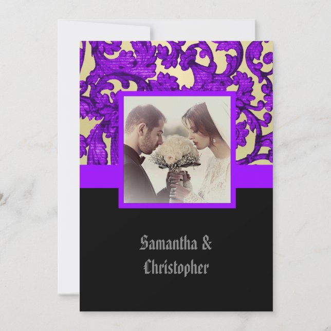 Invitación Mauve Gothic damask wedding photo invitation (Reverso)