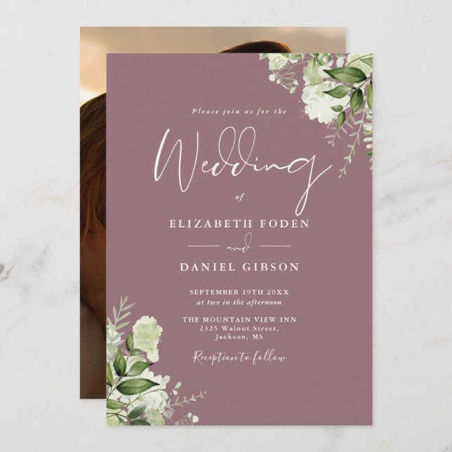 Invitación Mauve Greenery Floral Elegant Photo Boda (Anverso / Reverso)