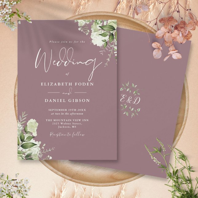 Invitación Mauve Greenery Floral Monograma Boda (Mauve Greenery Floral Monogram Wedding Invitation)