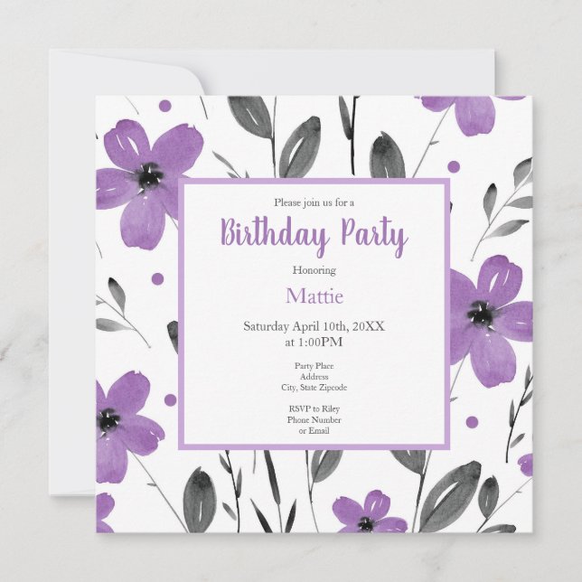 Invitación Mauve Gris Watercolor Floral Motif (Anverso)