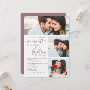 Invitación Mauve guión minimalista 3 fotos boda