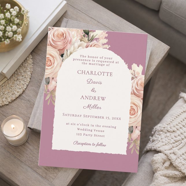 Invitación Mauve ivory dusty rose florals wedding arch (Subido por el creador)