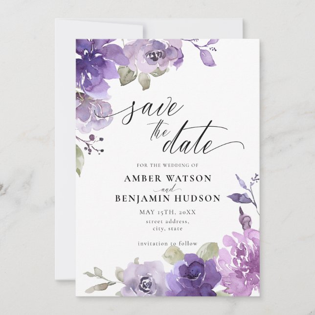 Invitación Mauve Lilac Dusty Purple Floral Salvar La Fecha (Anverso)