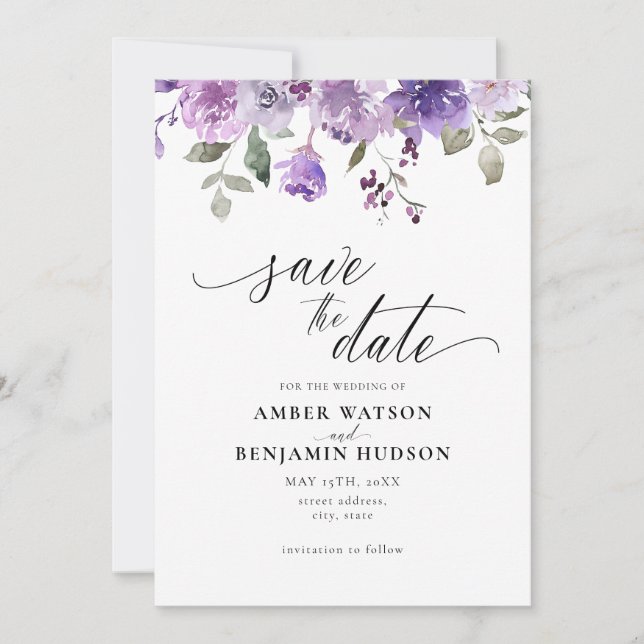 Invitación Mauve Lilac Púrpura Floral Acuarela Guardar La Fec (Anverso)