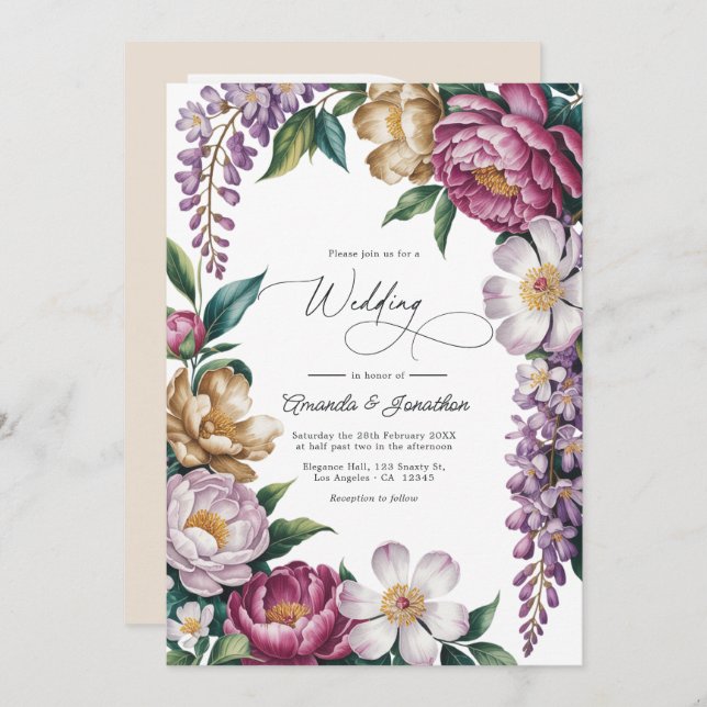 Invitación Mauve Mist, Champagne Gold & White Floral Wedding (Anverso / Reverso)