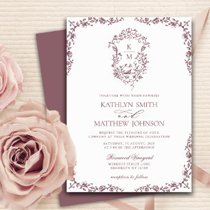 Invitación Mauve Monograma Escudo Vintage Floral Boda