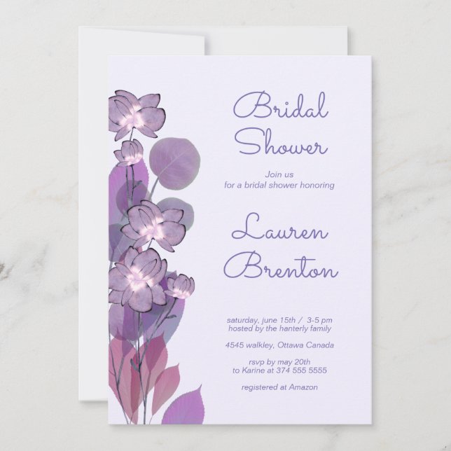 Invitación Mauve morado periwinkal floral Bridal Shower (Anverso)