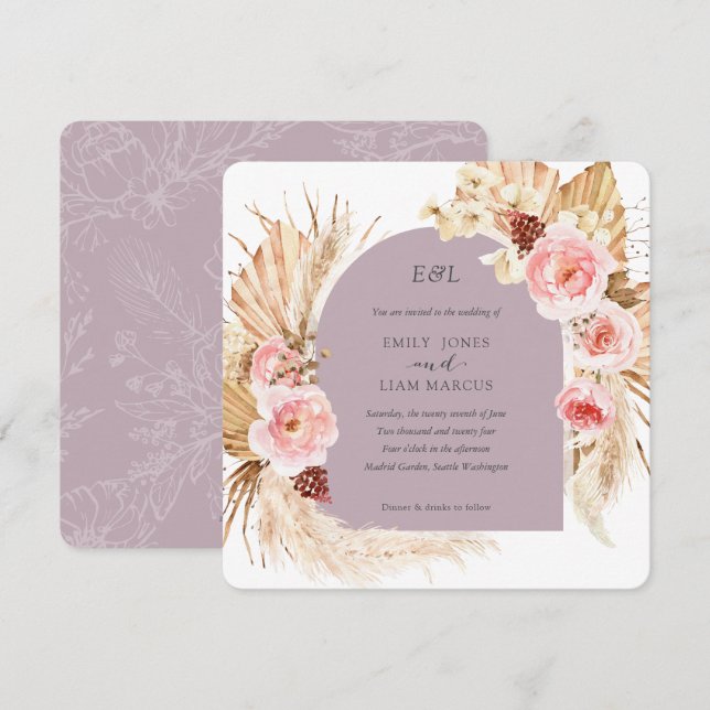 Invitación Mauve Pampas Grass Boho Floral Square Boda (Anverso / Reverso)