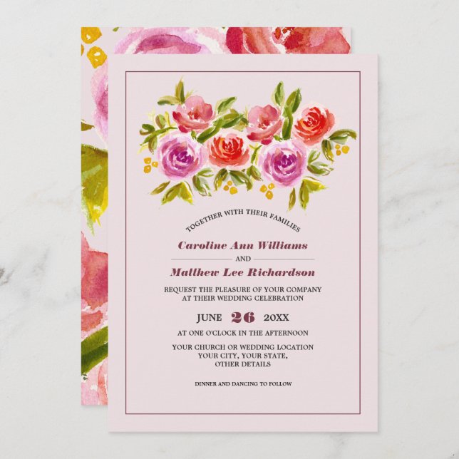 Invitación Mauve Peach Red Floral Watercolor Boda (Anverso / Reverso)