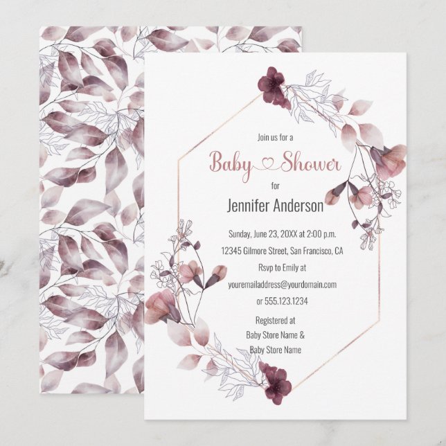 Invitación Mauve Pink Floral Botánica Baby Shower (Anverso / Reverso)