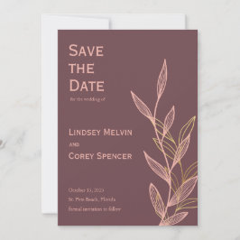 Invitación Mauve Pink Gold Leaf Wedding Save the Date