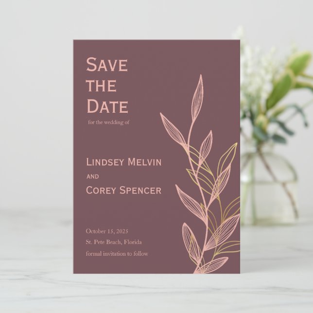Invitación Mauve Pink Gold Leaf Wedding Save the Date (Anverso de pie)