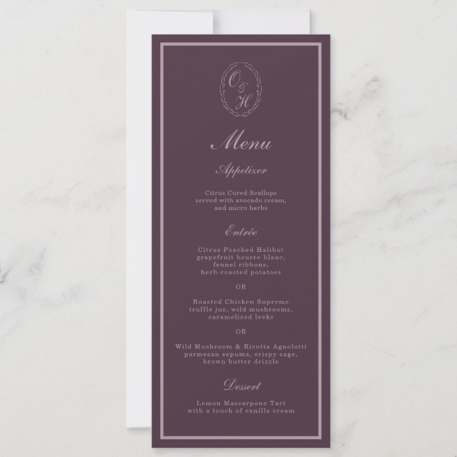 Invitación Mauve Plum Monogram Wedding Long Menu (Anverso)