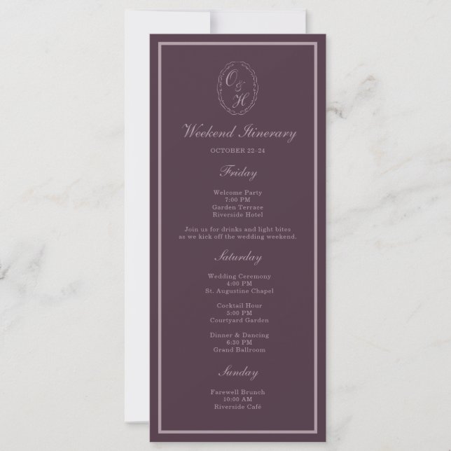 Invitación Mauve Plum Monogram Wedding Weekend Itinerary (Anverso)