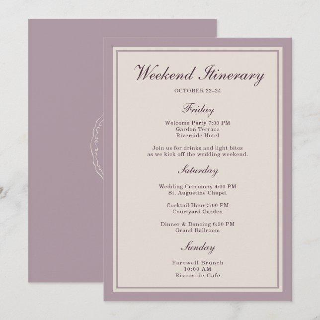Invitación Mauve Plum Wedding Weekend Itinerary Card (Anverso / Reverso)