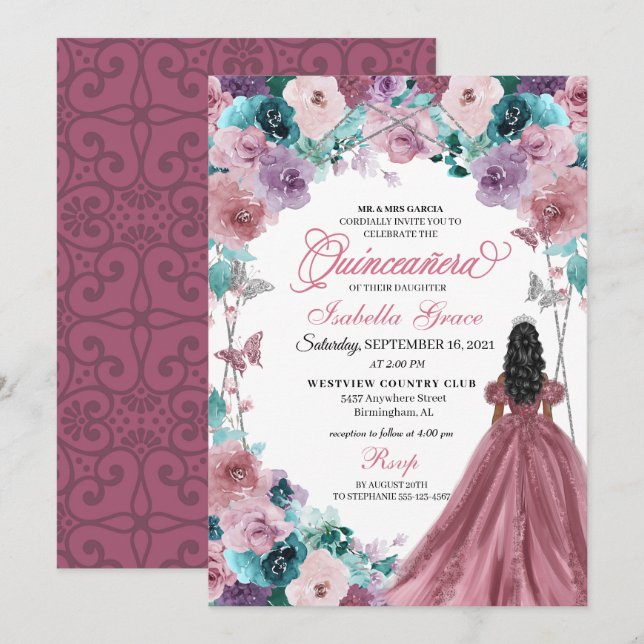 Invitación Mauve Purple Verde azulada Pink Sunset Quinceanera (Anverso / Reverso)