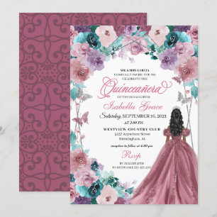 Invitación Mauve Purple Verde azulada Pink Sunset Quinceanera