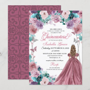 Invitación Mauve Purple Verde azulada Pink Sunset Quinceanera
