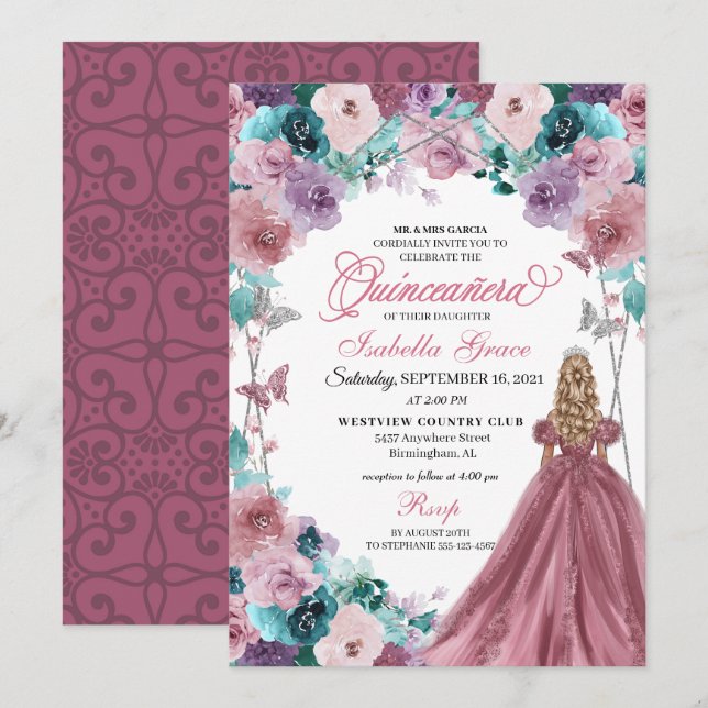 Invitación Mauve Purple Verde azulada Pink Sunset Quinceanera (Anverso / Reverso)