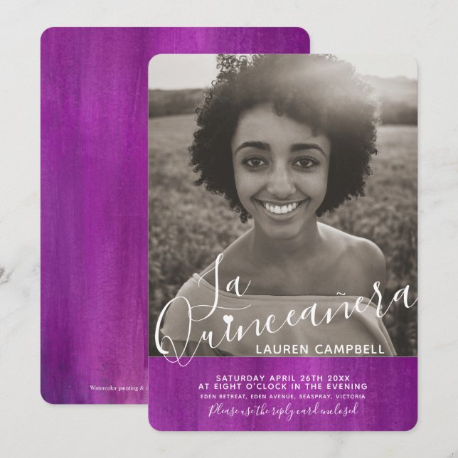 Invitación mauve rosa morado arte moderno La Quinceañera foto (Anverso / Reverso)