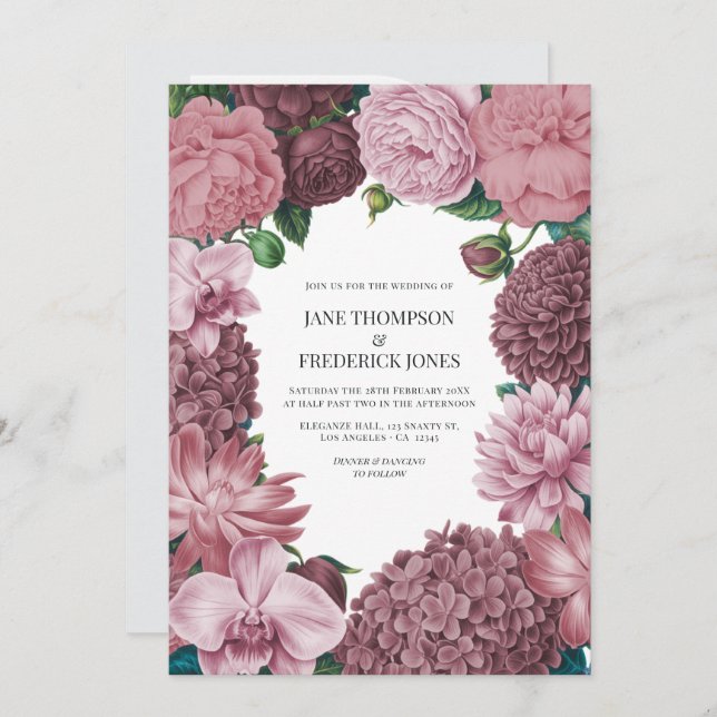Invitación Mauve Smoke, Dusty Peony & Rosewater Clay Wedding (Anverso / Reverso)