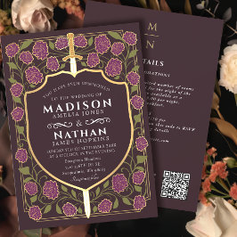 Invitación Mauve Sword Shield Fantasy Boda QR Code