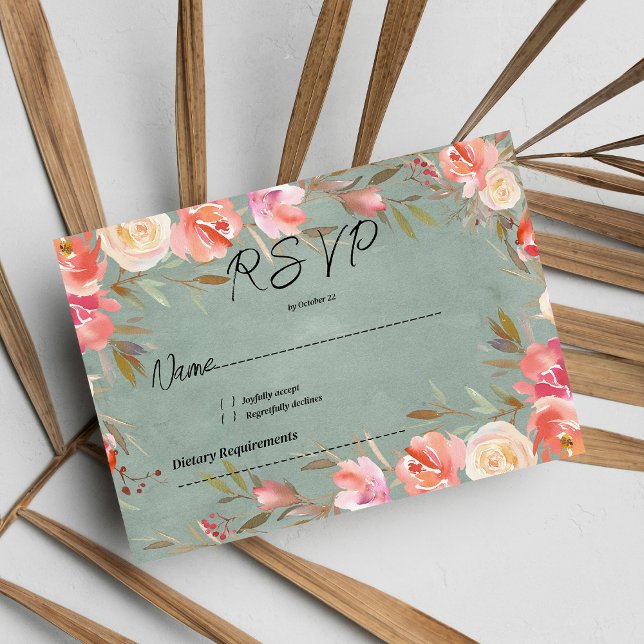 Invitación Mauve verde marfil rosa invierno encaje floral RSV (Mauve green pink ivory winter floral lace RSVP)