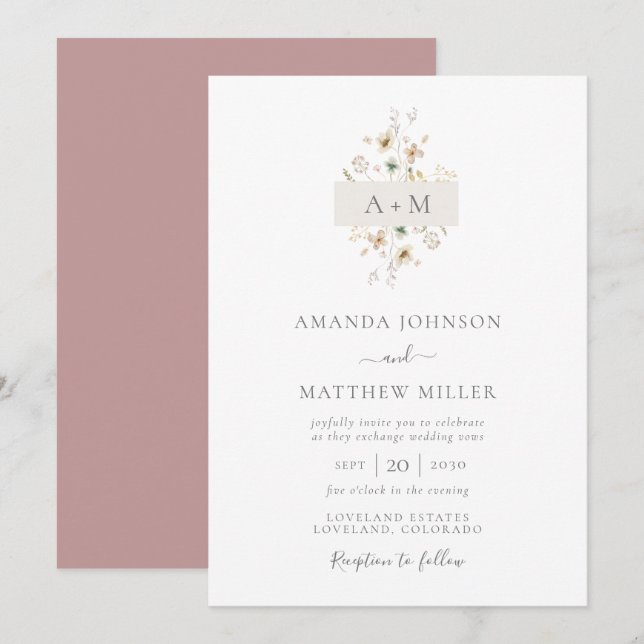 Invitación Mauve Watercoloración Mínima Monograma Floral (Anverso / Reverso)