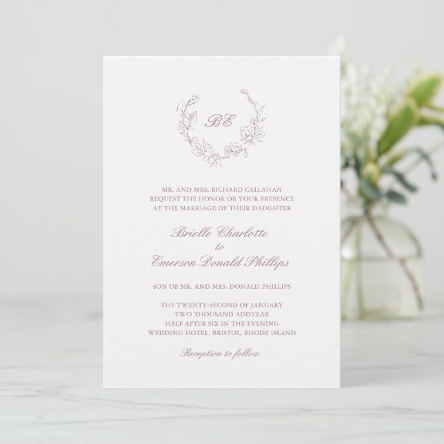 Invitación Mauve Wreath Monograma Código QR Boda Elegante (Anverso de pie)