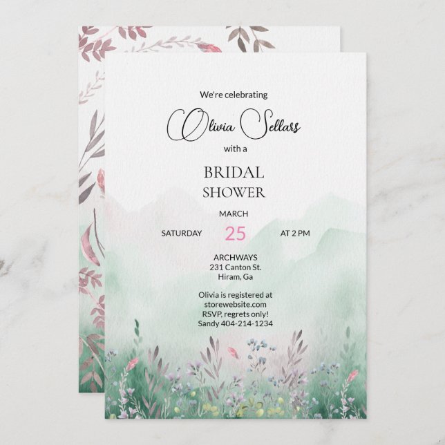Invitación Mauve y Mint Meadow Bridal Shower (Anverso / Reverso)