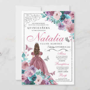 Invitación Mauve y Verde azulada Princesa Quinceanera