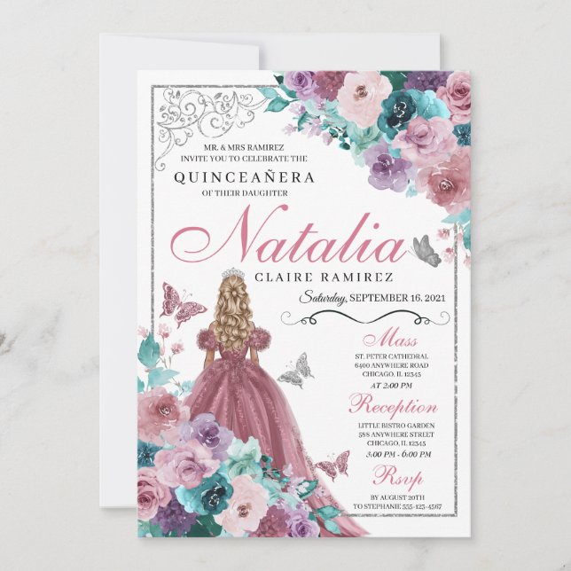 Invitación Mauve y Verde azulada Princesa Quinceanera (Anverso)