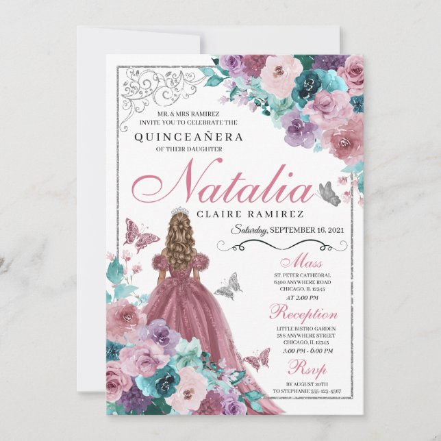 Invitación Mauve y Verde azulada Princesa Quinceanera (Anverso)