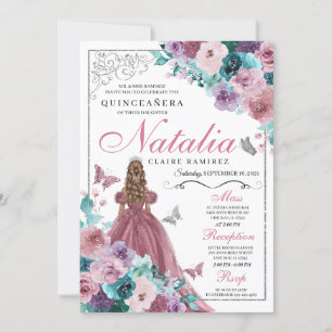 Invitación Mauve y Verde azulada Princesa Quinceanera